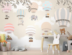 Custom Peel and Stick Air Balloon Murals for Children's Rooms with Cute Animals