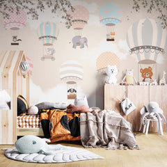 Custom Peel and Stick Air Balloon Murals for Children's Rooms with Cute Animals