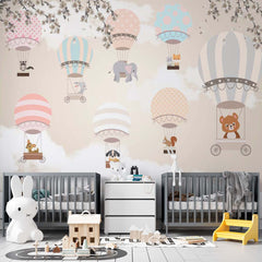 Custom Peel and Stick Air Balloon Murals for Children's Rooms with Cute Animals