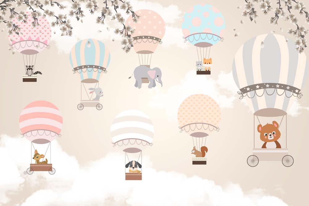 Pastell-Heißluftballons-Tapete – Kinder-Fototapete mit süßen Tieren