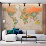 Antique-Style World Map Wall Mural Wallpaper with Rich Colors and Detailed Borders