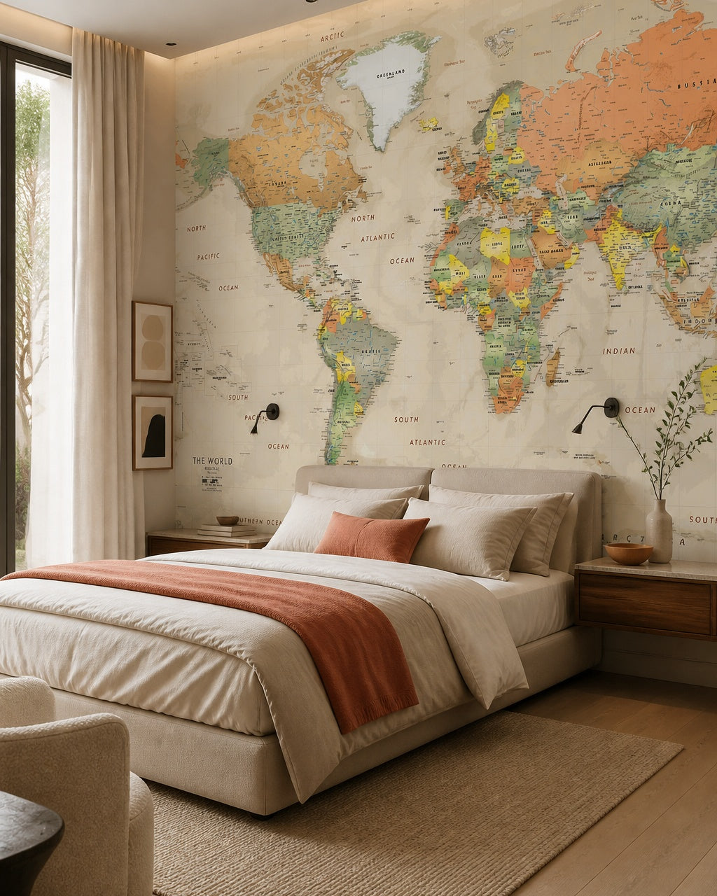 Antique world map wallpaper in a designer bedroom.