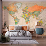 Antique-Style World Map Wall Mural Wallpaper with Rich Colors and Detailed Borders