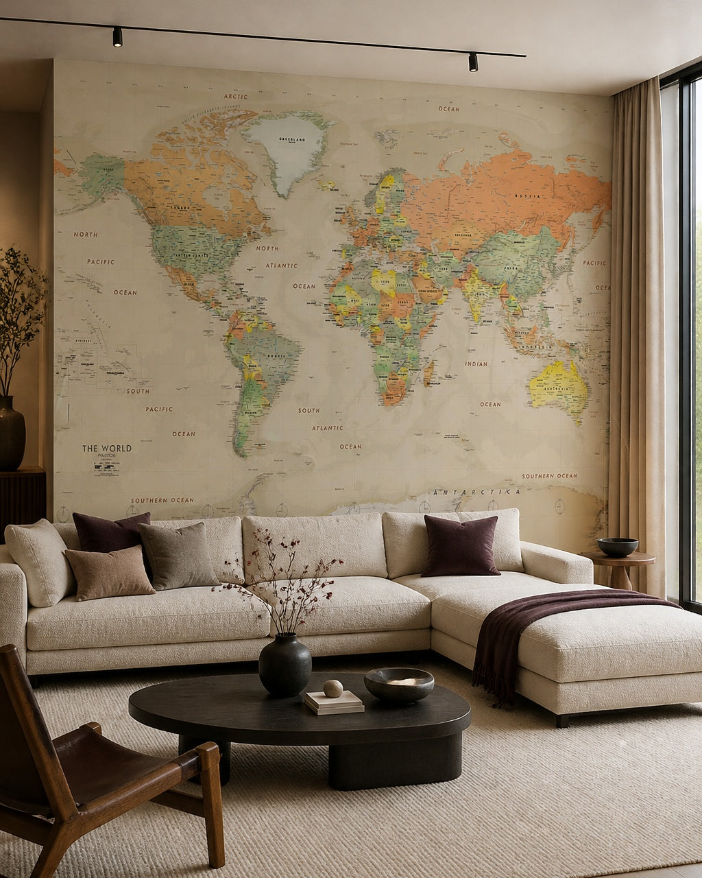 Antique world map wallpaper in a designer living room.