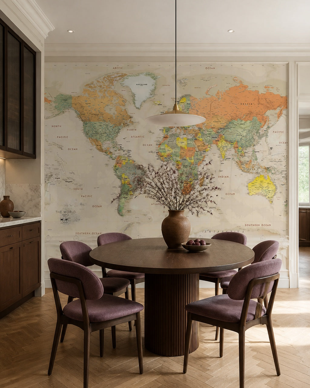 Antique world map wallpaper in a refined dining area.