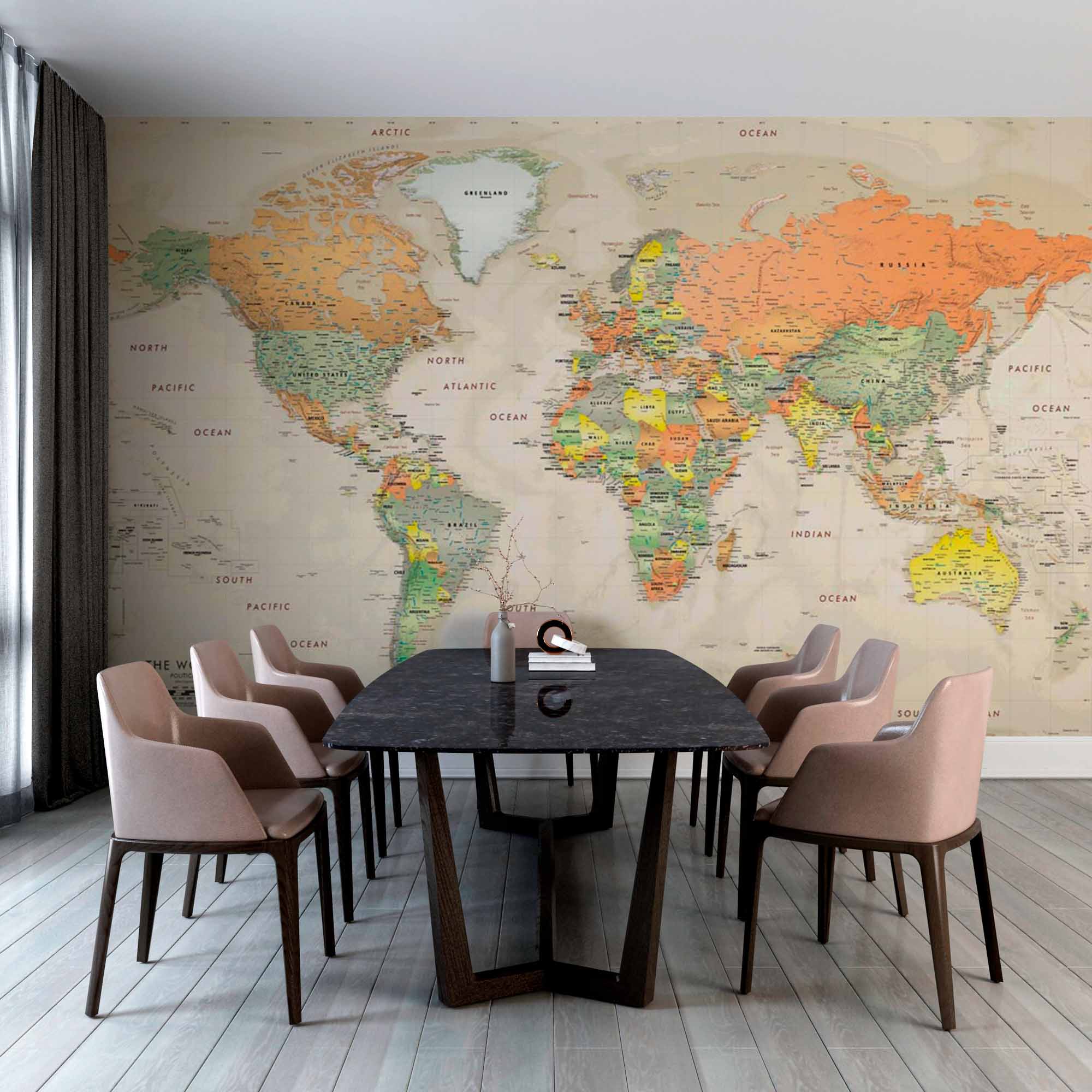 Antique-Style World Map Wall Mural Wallpaper with Rich Colors and Detailed Borders