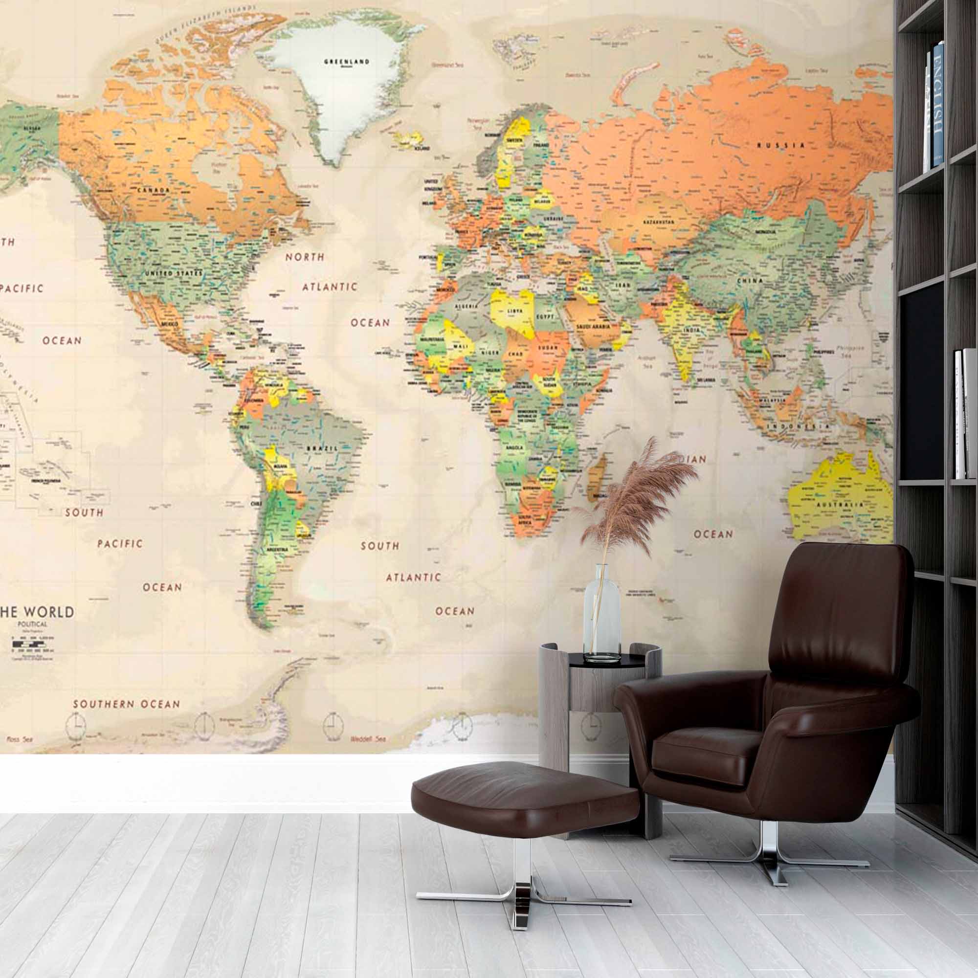 Antique-Style World Map Wall Mural Wallpaper with Rich Colors and Detailed Borders