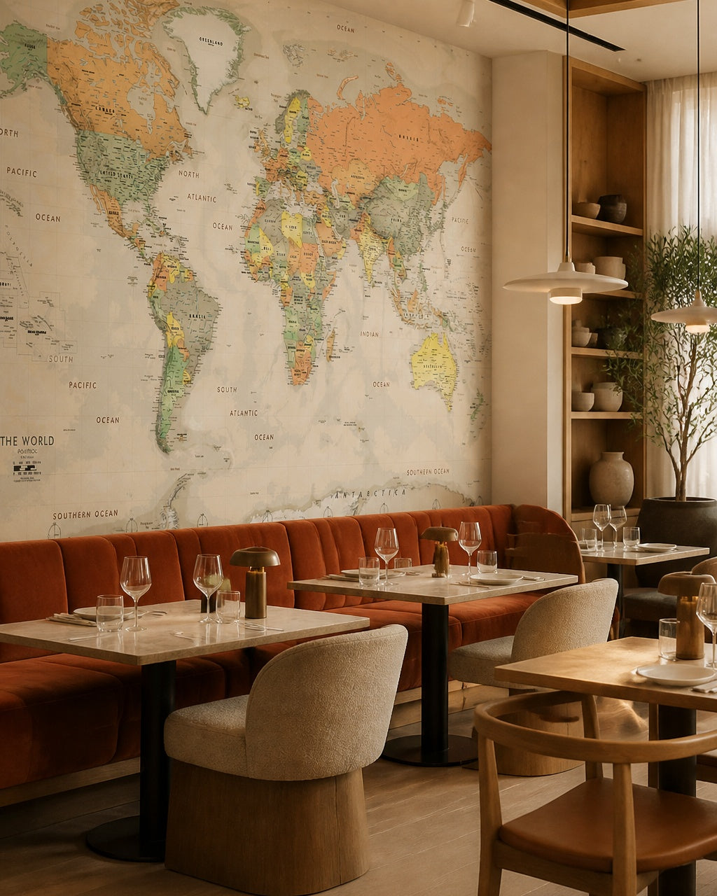 Antique world map wallpaper in a restaurant.