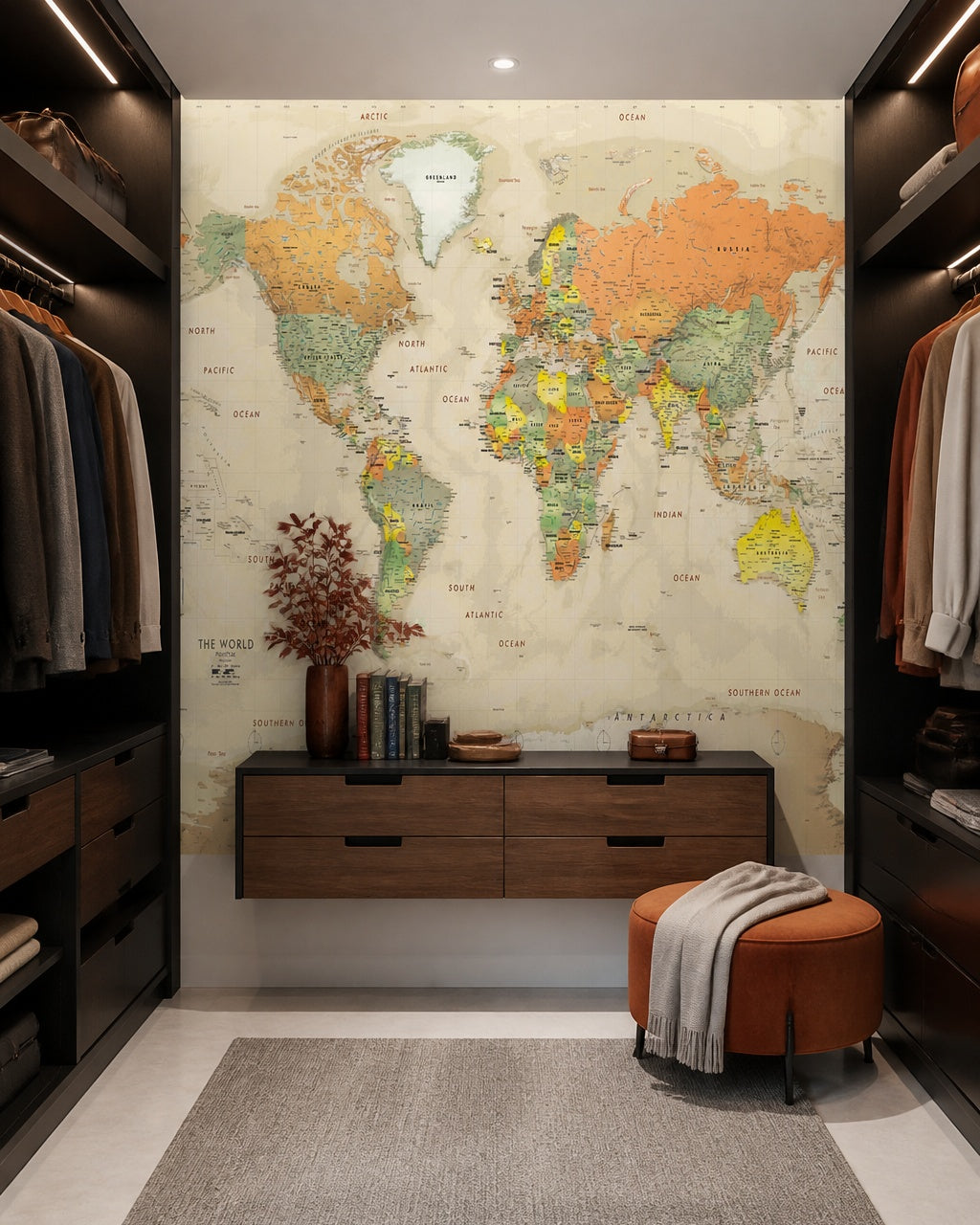 Antique world map wallpaper in a dressing room.