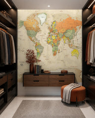 Antique world map wallpaper in a dressing room.