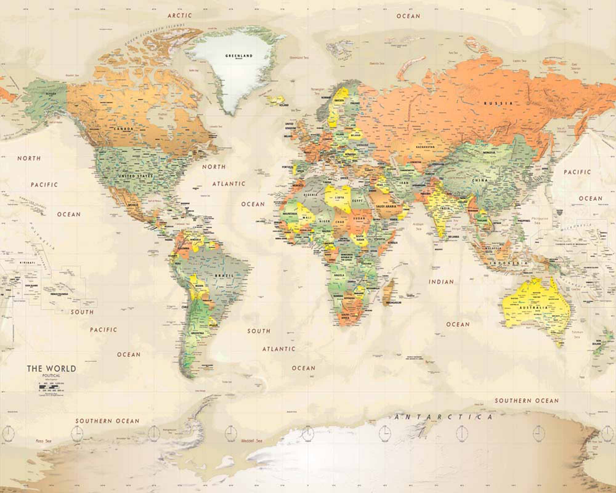 Antique-Style World Map Wall Mural Wallpaper with Rich Colors and Detailed Borders