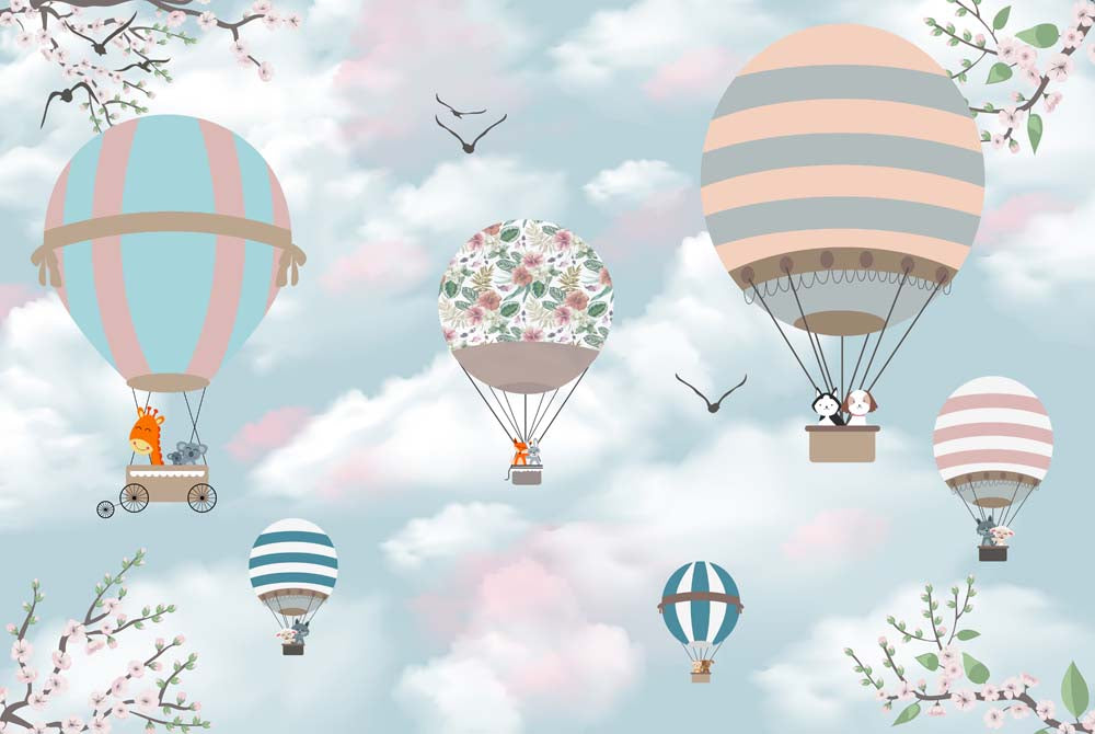 Kids Wall Mural Morning Sky Clouds Flower Blossom Hot Air Balloons Wallpaper for Kids