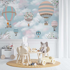 Custom Kids Wall Mural Morning Sky Clouds Flower Blossom Hot Air Balloons Wallpaper for Kids