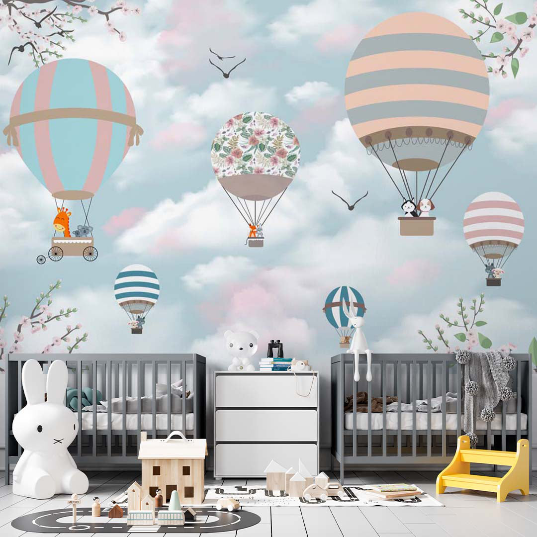 Kids Wall Mural Morning Sky Clouds Flower Blossom Hot Air Balloons Wallpaper for Kids