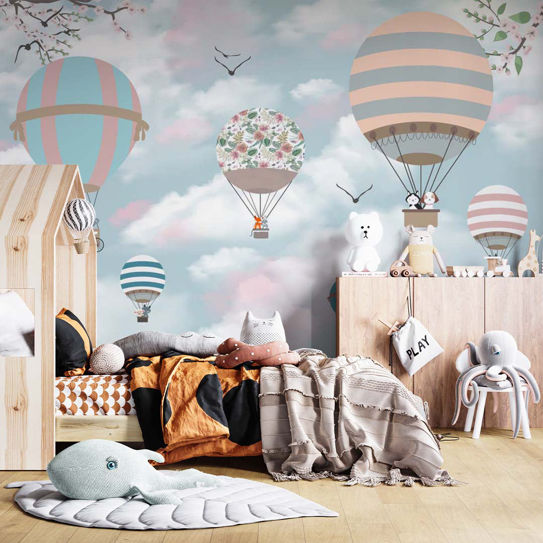 Kids Wall Mural Morning Sky Clouds Flower Blossom Hot Air Balloons Wallpaper for Kids