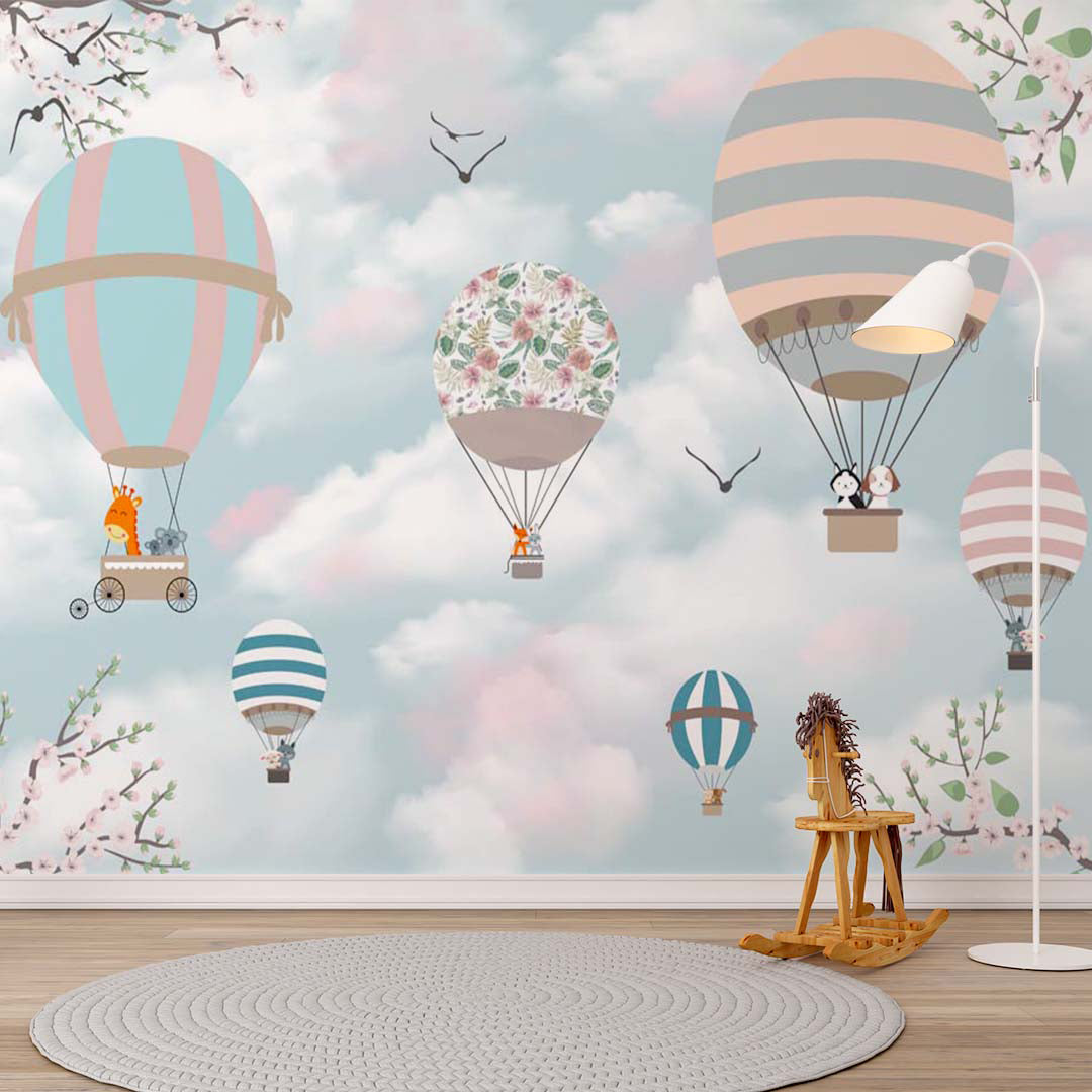 Kids Wall Mural Morning Sky Clouds Flower Blossom Hot Air Balloons Wallpaper for Kids