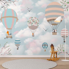 Custom Kids Wall Mural Morning Sky Clouds Flower Blossom Hot Air Balloons Wallpaper for Kids