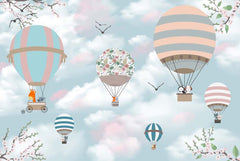 Custom Kids Wall Mural Morning Sky Clouds Flower Blossom Hot Air Balloons Wallpaper for Kids