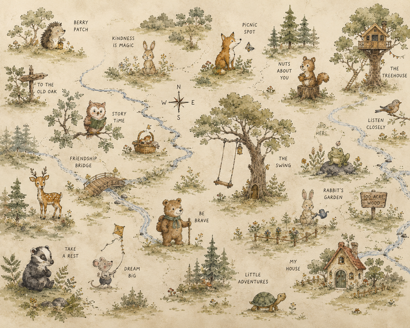 Forest animal map wallpaper shown in a cozy children’s bedroom with bunk bed, slide, treehouse and adventure themed decor.