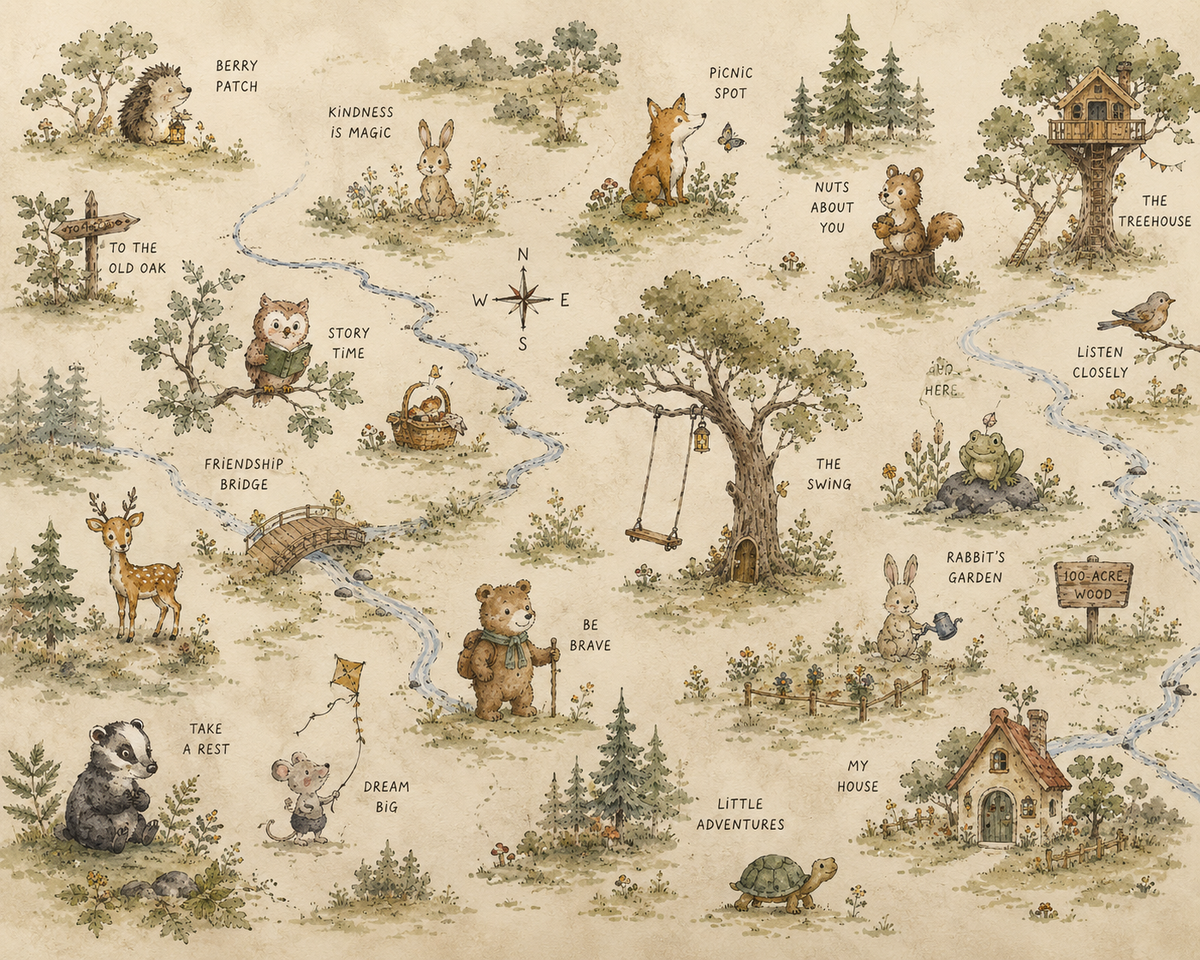 Fototapete Waldabenteuer-Karte – Vintage-Waldtiere