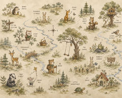 Forest animal map wallpaper shown in a cozy children’s bedroom with bunk bed, slide, treehouse and adventure themed decor.