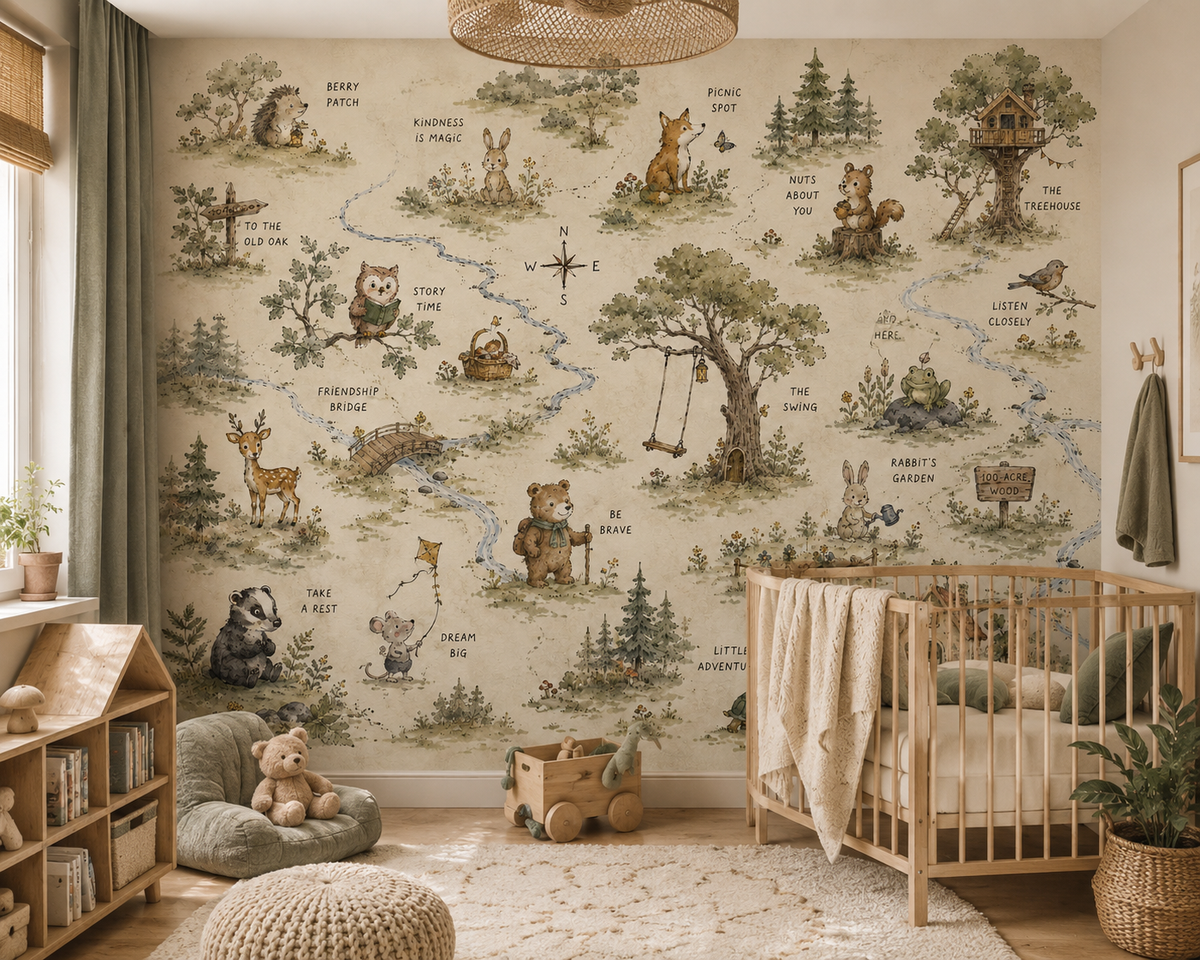 Woodland adventure map wallpaper with bear, fox, rabbit, deer, owl, squirrel, treehouse, bridge, cottage and forest paths.