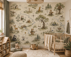 Woodland adventure map wallpaper with bear, fox, rabbit, deer, owl, squirrel, treehouse, bridge, cottage and forest paths.