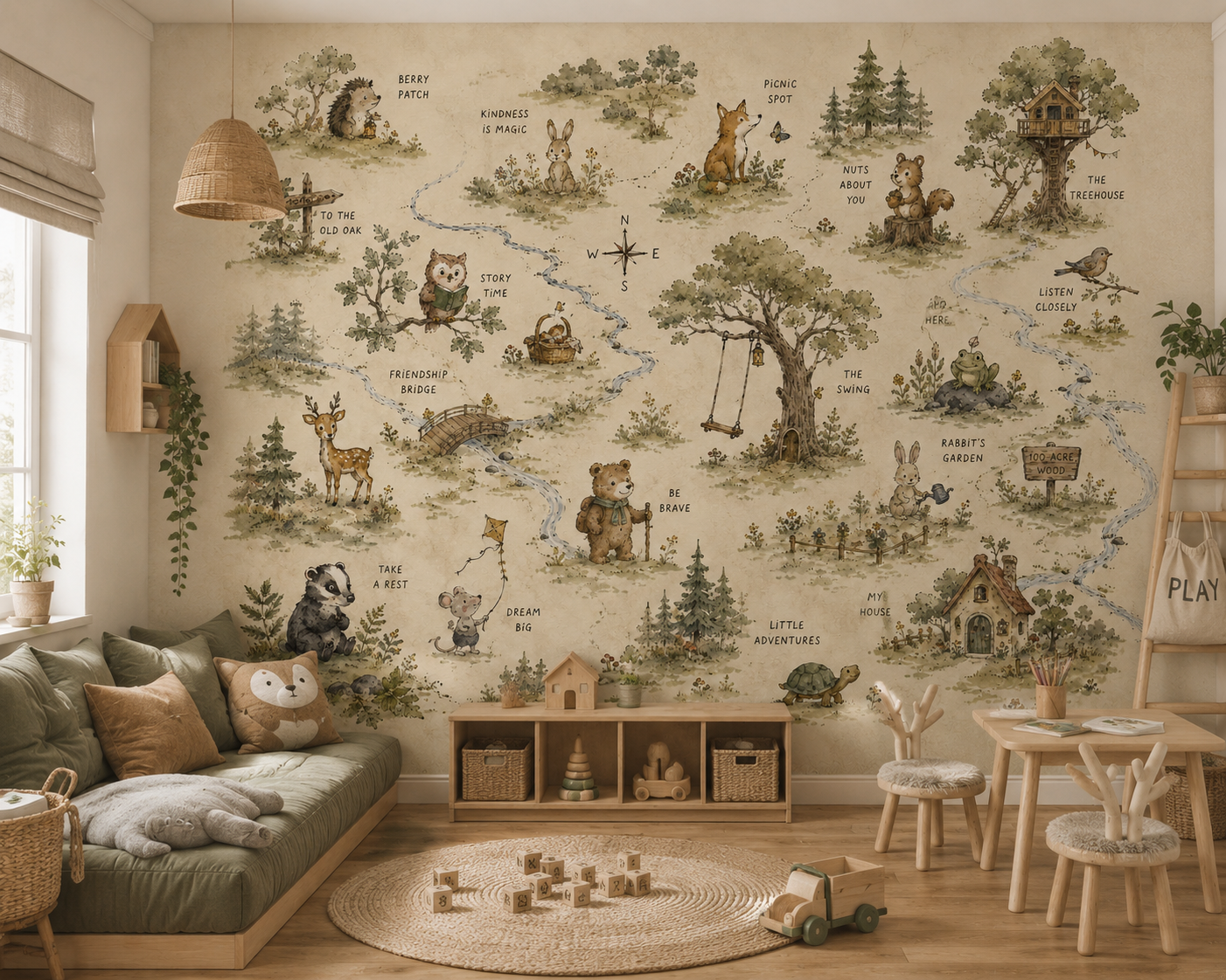 Vintage woodland map wallpaper displayed in a cozy nursery with natural wood crib, neutral decor and forest animal illustrations.