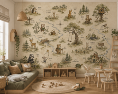 Vintage woodland map wallpaper displayed in a cozy nursery with natural wood crib, neutral decor and forest animal illustrations.