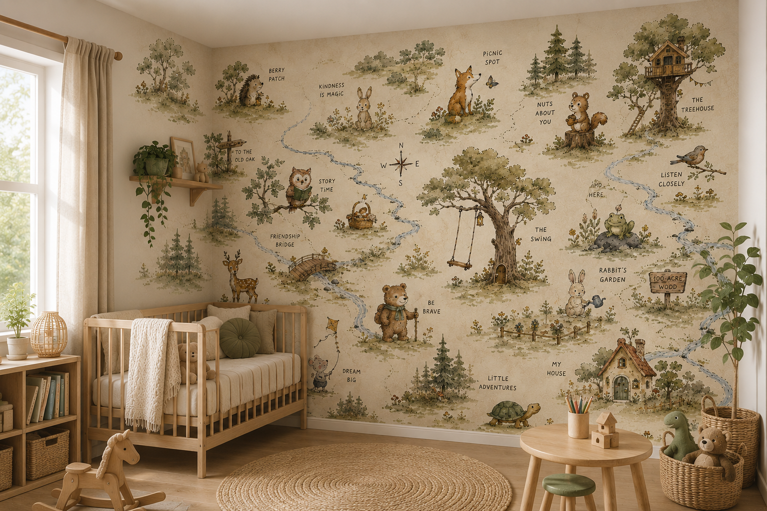 Storybook forest animal wallpaper shown in a warm children’s playroom with bear, fox, rabbit, owl, deer and treehouse.