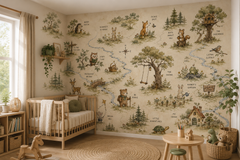 Storybook forest animal wallpaper shown in a warm children’s playroom with bear, fox, rabbit, owl, deer and treehouse.