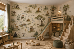 Woodland adventure wall mural displayed in a neutral kids room with crib, natural wood furniture and illustrated forest map.