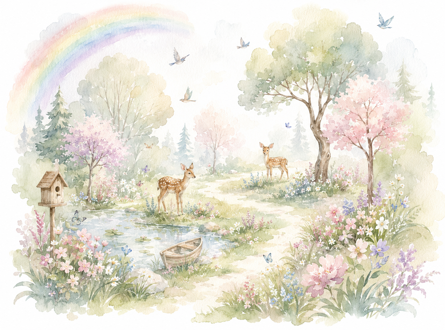 Watercolor woodland wallpaper displayed in a neutral nursery with deer, rainbow, pond, flowers and soft natural wood furniture.