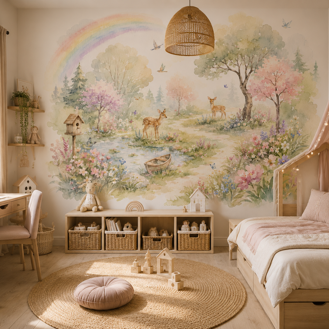 Woodland deer and rainbow wall mural in a cozy pastel children’s bedroom
