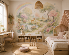 Pastel forest wall mural displayed in a cozy children’s bedroom with deer, rainbow, pond and floral woodland scenery.