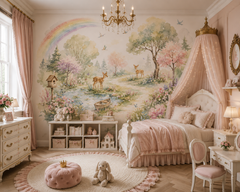 Watercolor woodland wallpaper with deer, rainbow, pond, flowers, birds, butterflies, trees and wooden boat in soft pastel colors.