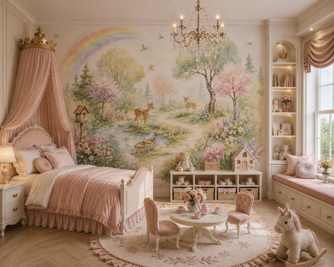 Watercolor woodland wallpaper shown in an elegant pink girls bedroom with deer, rainbow, flowers and pastel forest trees.