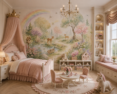 Watercolor woodland wallpaper shown in an elegant pink girls bedroom with deer, rainbow, flowers and pastel forest trees.