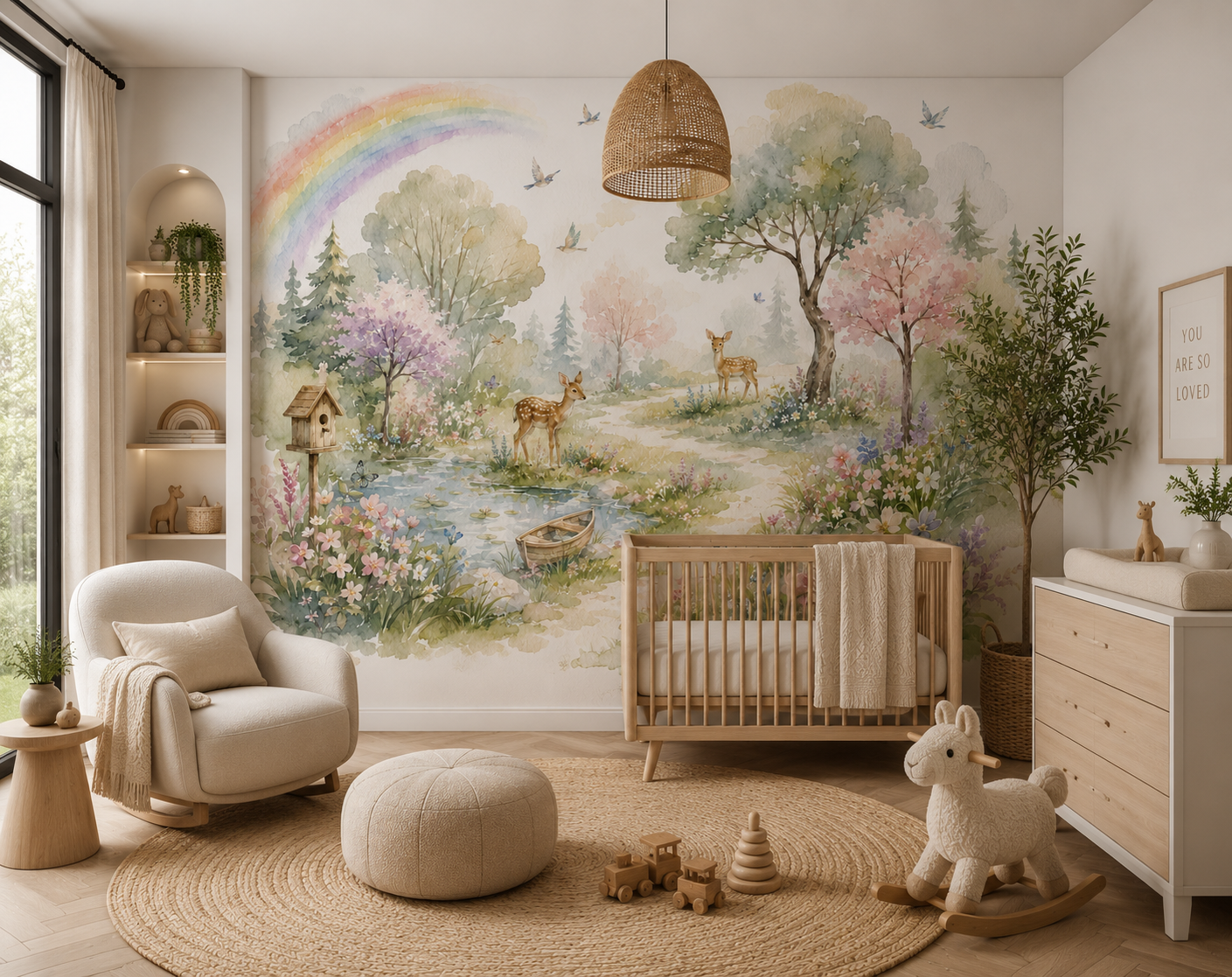 Pastel forest mural installed in a princess style children’s room with floral decor, deer and rainbow landscape.