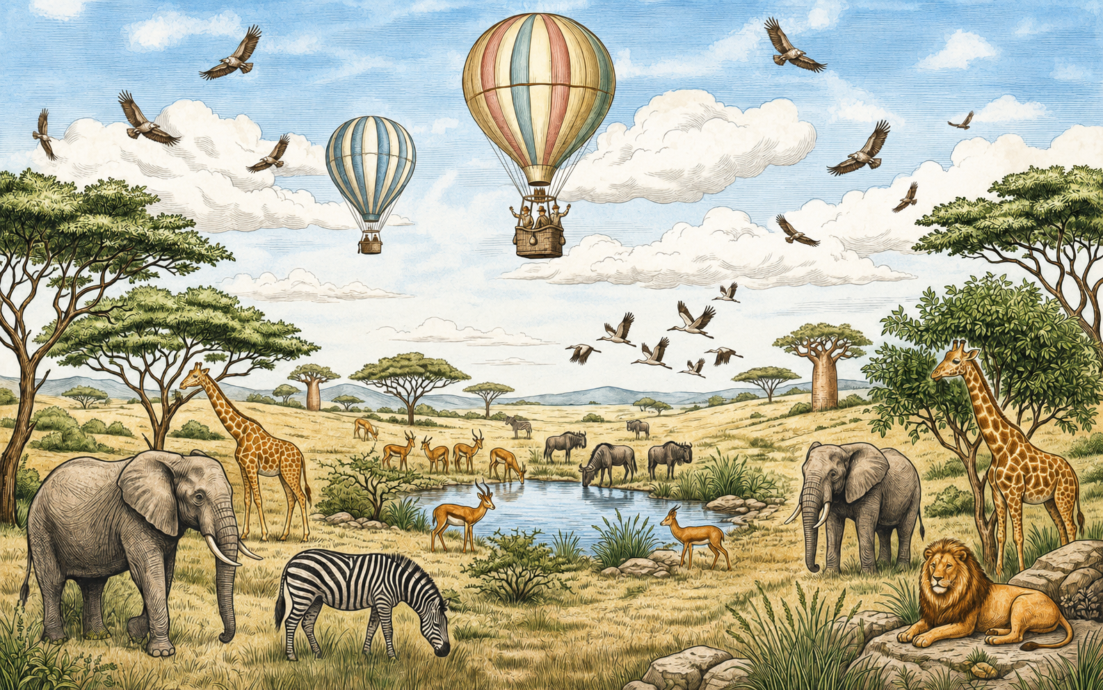 Safari animal and hot air balloon mural in a green children’s bedroom and playroom