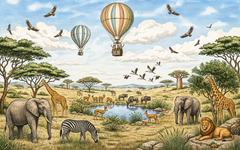 Safari animal and hot air balloon mural in a green children’s bedroom and playroom
