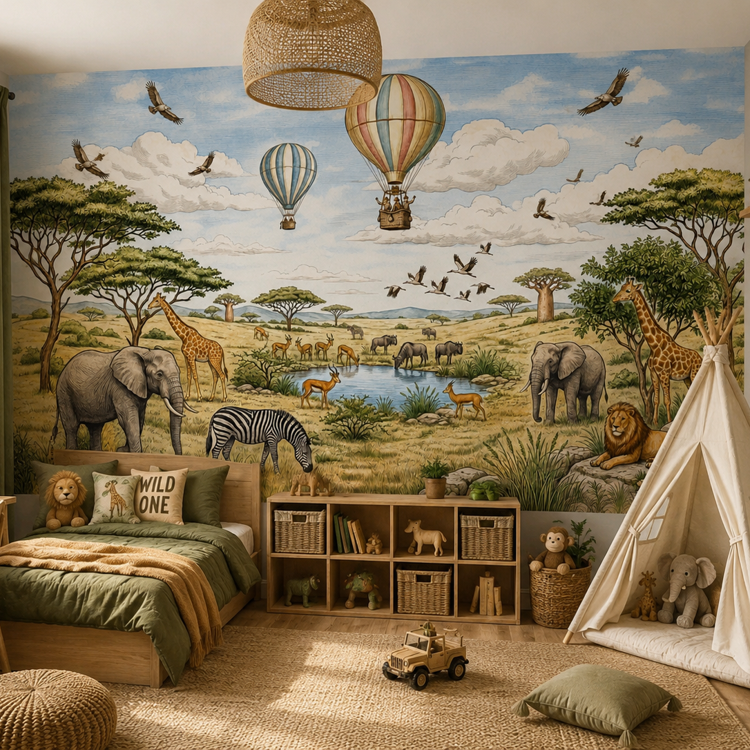 Vintage safari wall mural with African animals, hot air balloons and savanna landscape