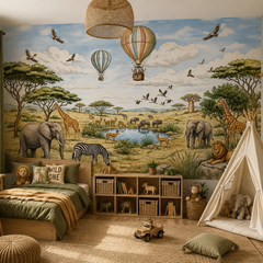 Vintage safari wall mural with African animals, hot air balloons and savanna landscape
