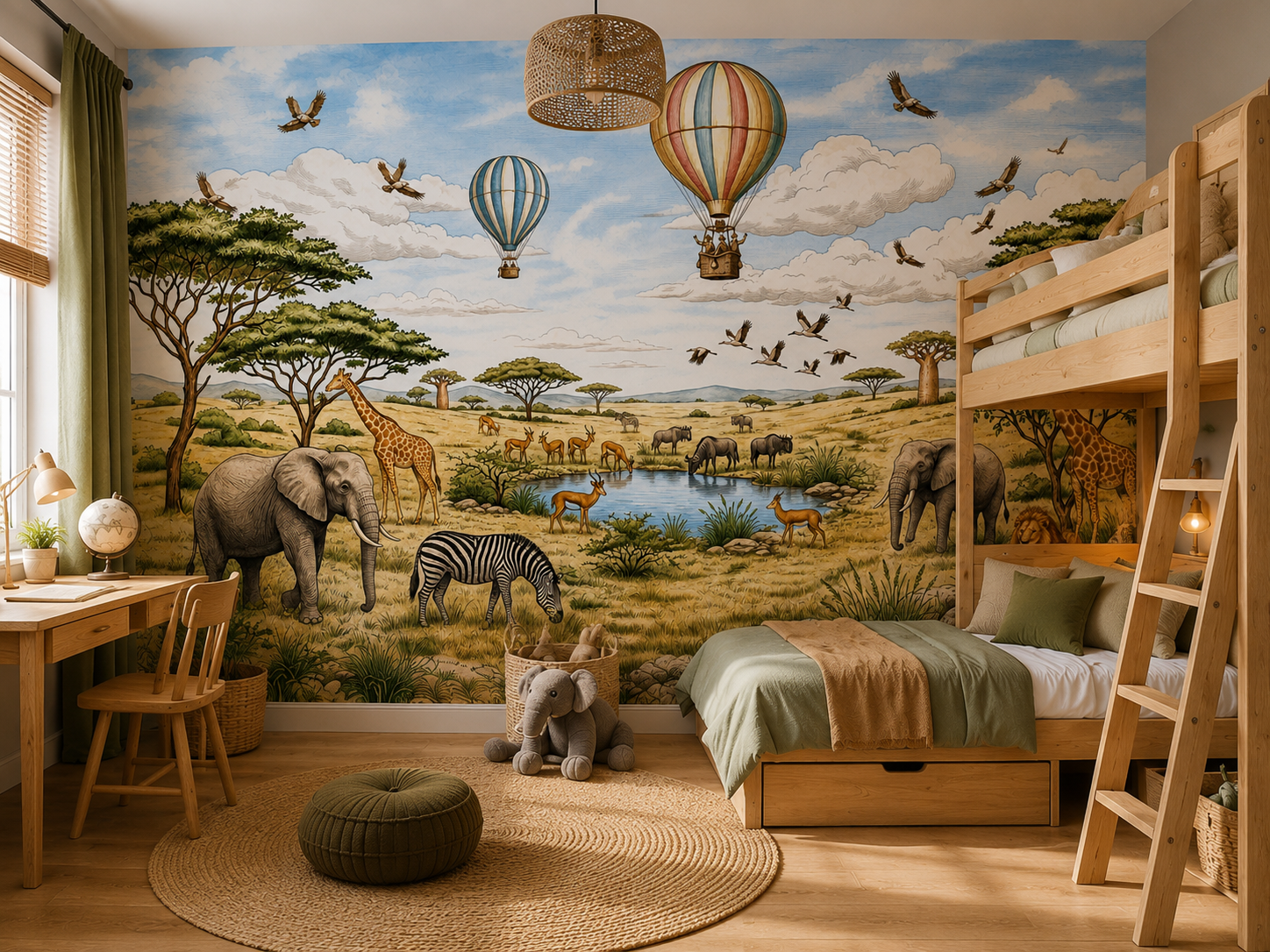 Safari animals and hot air balloon wall mural in an adventure-themed children’s bedroom