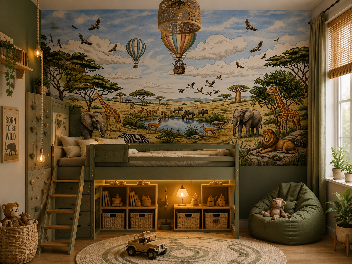Vintage safari wall mural with elephants and giraffes in a shared kids’ bedroom