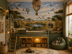 Vintage safari wall mural with elephants and giraffes in a shared kids’ bedroom