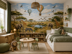 African safari wall mural displayed in a green bedroom with a loft bed