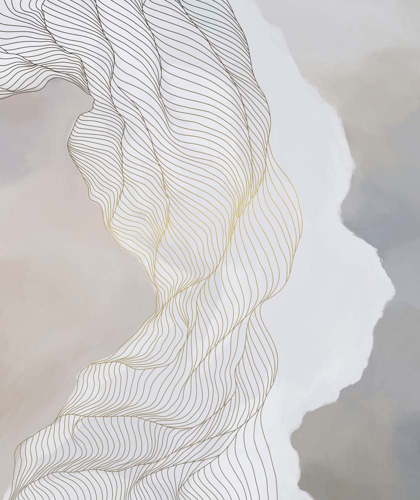 Fototapete Sanftes Wolken-Abstrakt – Goldene Line-Art