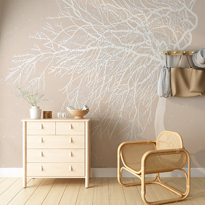 Minimalist Tree Wall Mural Beige Background with White Branch Wallpaper