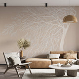 Minimalist Tree Wall Mural Beige Background with White Branch Wallpaper